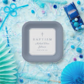 Modern Dusty Blue Religius Cross Boy Baptism ペーパープレート (パーティー)