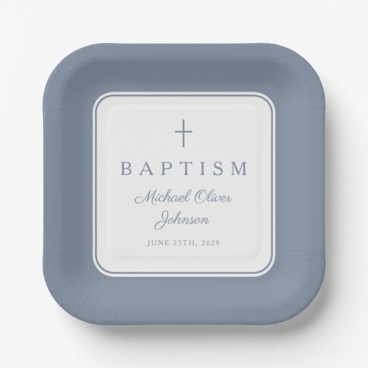 Modern Dusty Blue Religius Cross Boy Baptism ペーパープレート (正面)