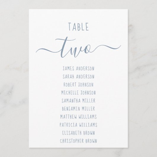 Modern Dusty Blue Script White Seating Chart Card (正面)