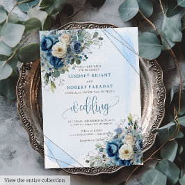 Modern Dusty Blue Silver Floral Wedding Invitation 招待状