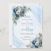 Modern Dusty Blue Silver Floral Wedding Invitation 招待状 (正面)