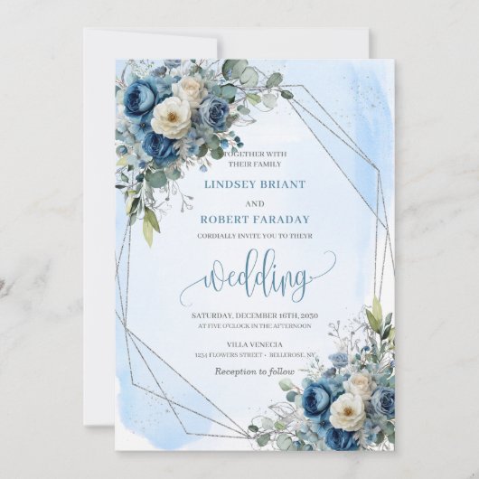 Modern Dusty Blue Silver Floral Wedding Invitation 招待状 (正面)