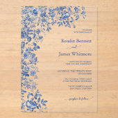 Modern Dusty Blue Toile Floral Acrylic Wedding アクリル招待状 (正面)