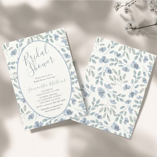 Modern Dusty Blue Watercolor Bridal Shower 招待状