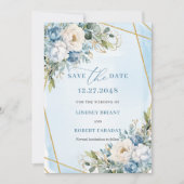 Modern Dusty Blue White Gold Flowers Save The Date 招待状 (正面)