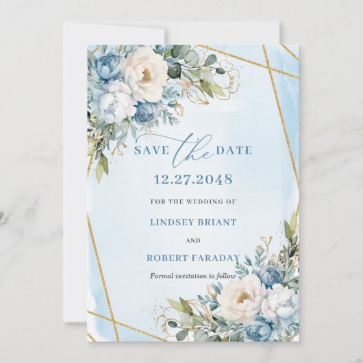 Modern Dusty Blue White Gold Flowers Save The Date 招待状 (正面)