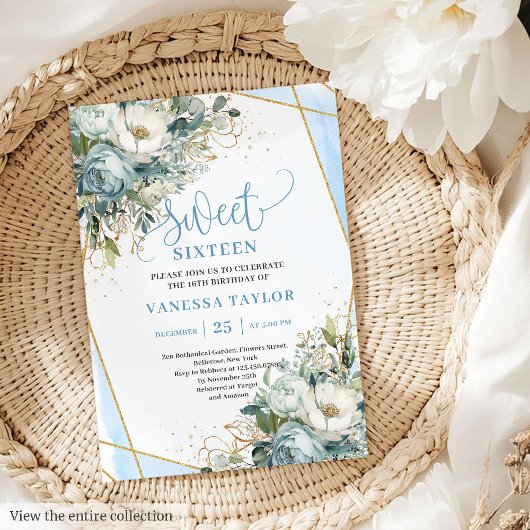 Modern Dusty Blue White Peonies Sweet 16 Invites 招待状