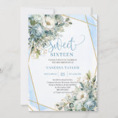 Modern Dusty Blue White Peonies Sweet 16 Invites 招待状 (正面)