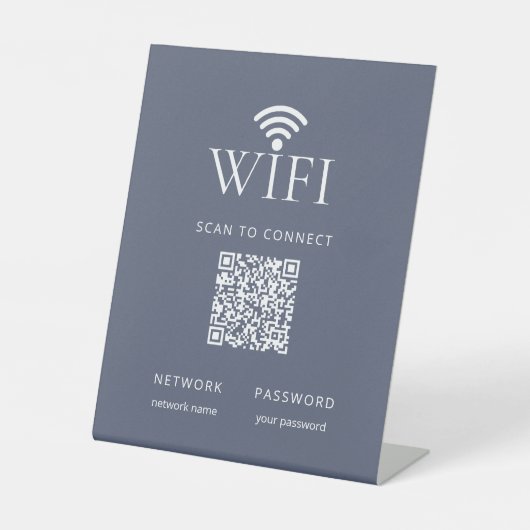 Modern Dusty Blue WiFi Network Password QR Code 台座サイン (正面)