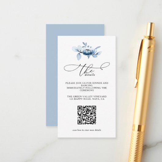 Modern Dusty Floral QR Code Wedding Details エンクロージャーカード (正面/裏面インサイチュ)