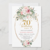 Modern dusty pink floral gold 70th birthday invite 招待状 (正面)