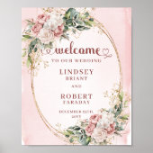 Modern Dusty Pink Floral Gold Glitter Welcome Sign ポスター (正面)