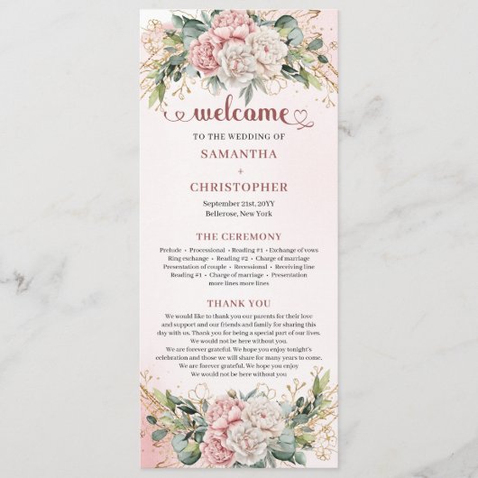 Modern Dusty Pink Flowers Greenery Wedding Program プログラム (正面)