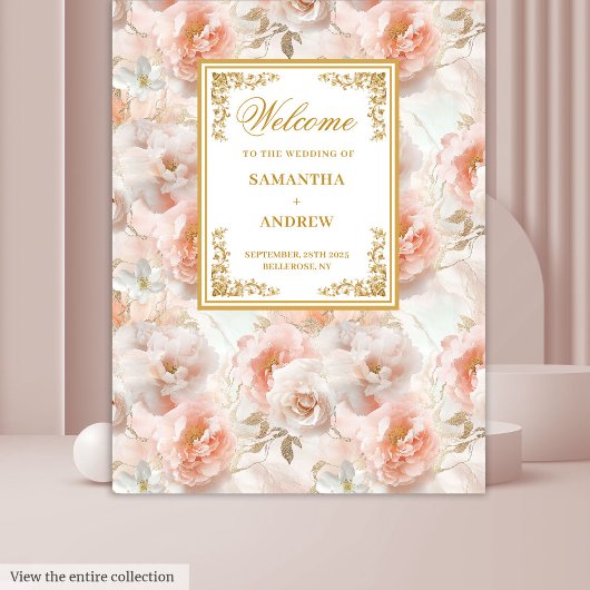Modern dusty pink gold floral wedding backdrop タペストリー