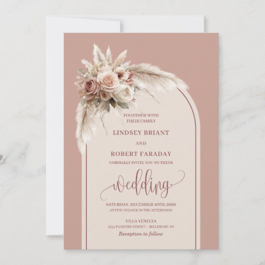 Modern Dusty Pink Pampas Arch Wedding Invitation 招待状 (正面)