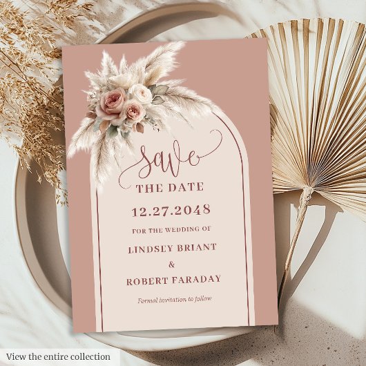 Modern Dusty Pink Pampas Grass Save the Date Card 招待状