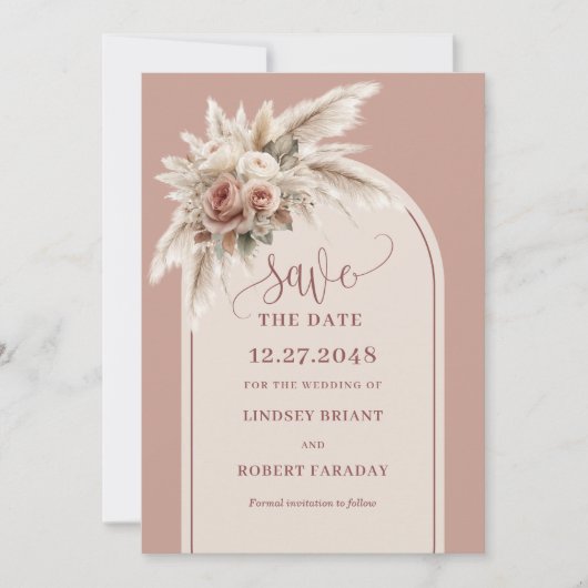 Modern Dusty Pink Pampas Grass Save the Date Card 招待状 (正面)