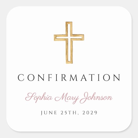 Modern Dusty Pink Religious Girl Confirmation スクエアシール (正面)