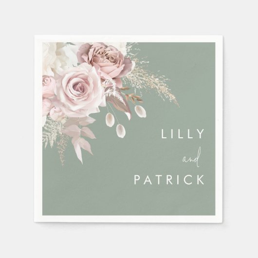 Modern Dusty Rose Blush & Sage Wedding スタンダードカクテルナプキン (正面)