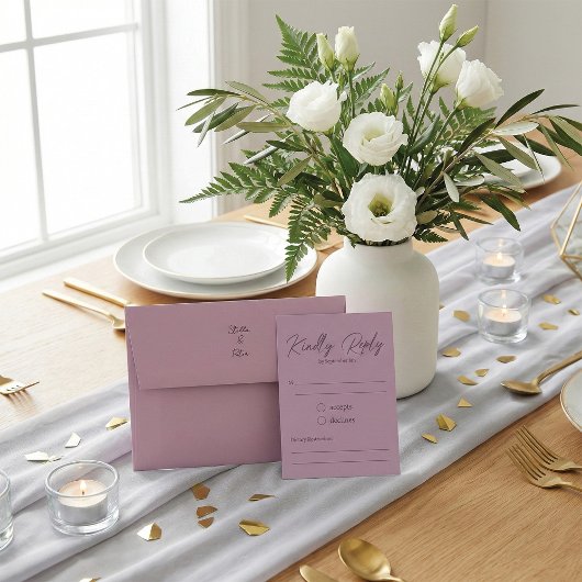 Modern Dusty Rose Script Kindly Reply Wedding 出欠カード