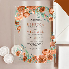 Modern Earthy Burnt Orange Roses Floral Wedding アクリル招待状