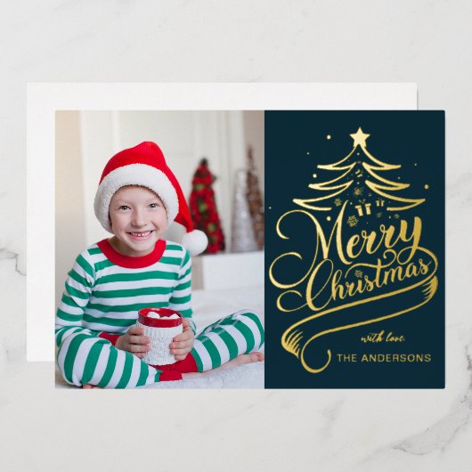 Modern Editable Color Merry Christmas Tree Photo 箔シーズンカード (正面/裏面)