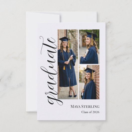 Modern Editorial Script 3-Photo Graduation 案内状 (正面)