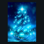 Modern Electric Blue Christmas Tree with Lights ポスター<br><div class="desc">A poster with a modern electric blue Christmas tree. Decorated with lights all around. The background has faded blurry lights.</div>