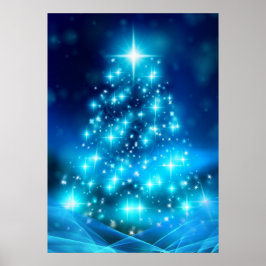 Modern Electric Blue Christmas Tree with Lights ポスター