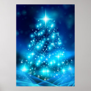 Modern Electric Blue Christmas Tree with Lights ポスター