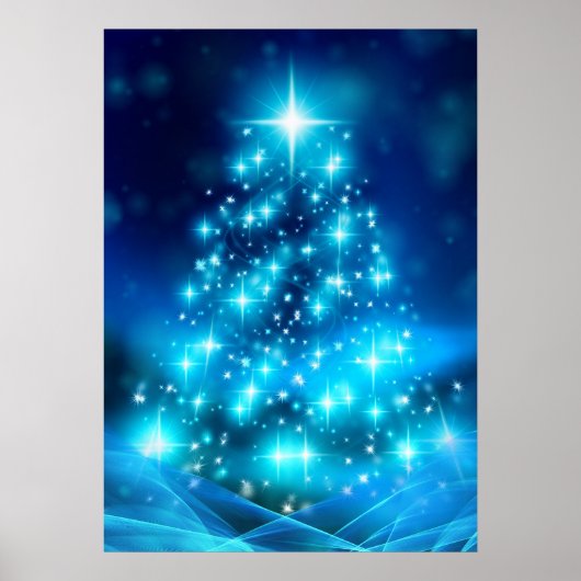 Modern Electric Blue Christmas Tree with Lights ポスター (正面)