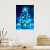 Modern Electric Blue Christmas Tree with Lights ポスター (キッチン)