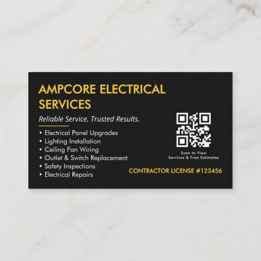 Modern Electrician Contractor QR Code Black Yellow 名刺 (裏面)