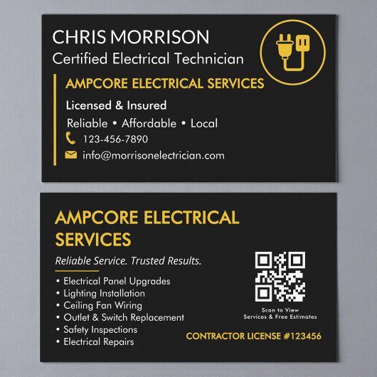 Modern Electrician Contractor QR Code Black Yellow 名刺