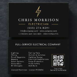Modern Electrician QR Code Black Gold Minimal 名刺