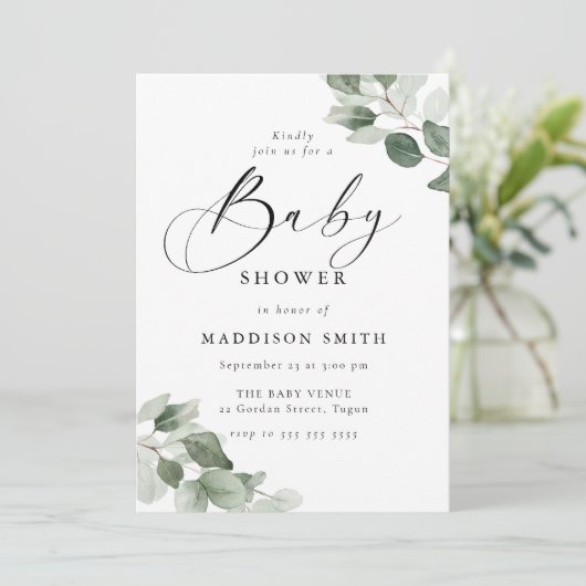 Modern Elegance Green Leaves Baby Shower 招待状 (スタンド正面)