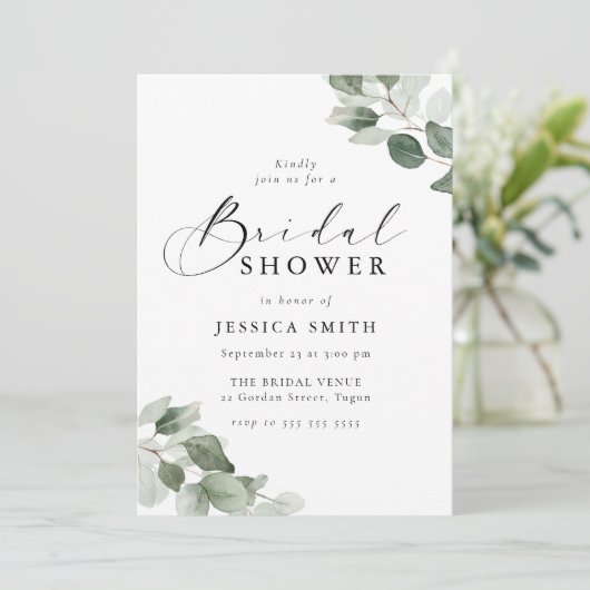 Modern Elegance Green Leaves Bridal Shower 招待状 (スタンド正面)