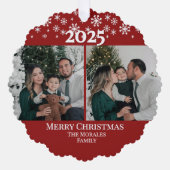 Modern Elegant 2 Photo Red Keepsake Family オーナメントカード (正面)