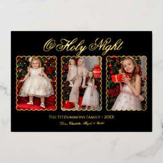 Modern Elegant 3 Photos Family Foil Christmas Card 箔シーズンカード