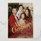 Modern Elegant 4 Photo Minimal Script Christmas 箔シーズンカード (正面)