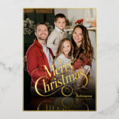 Modern Elegant 4 Photo Minimal Script Christmas 箔シーズンカード (正面)