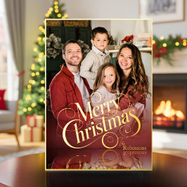 Modern Elegant 4 Photo Minimal Script Christmas 箔シーズンカード