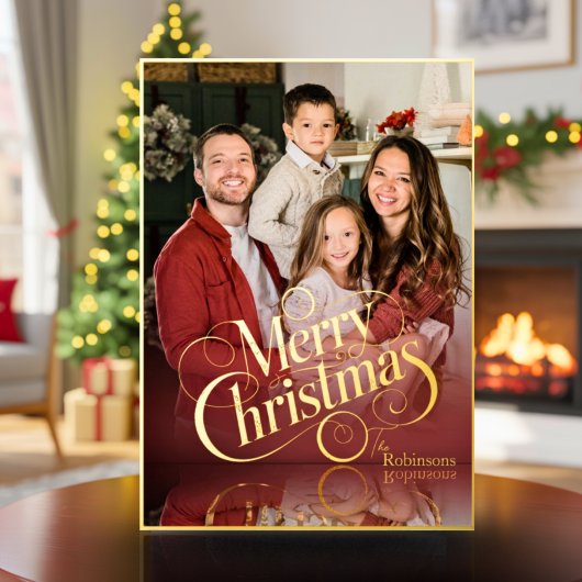 Modern Elegant 4 Photo Minimal Script Christmas 箔シーズンカード