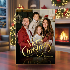 Modern Elegant 4 Photo Minimal Script Christmas 箔シーズンカード