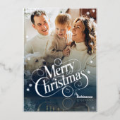 Modern Elegant 4 Photo Minimal Script Christmas Fo 箔シーズンカード (正面)