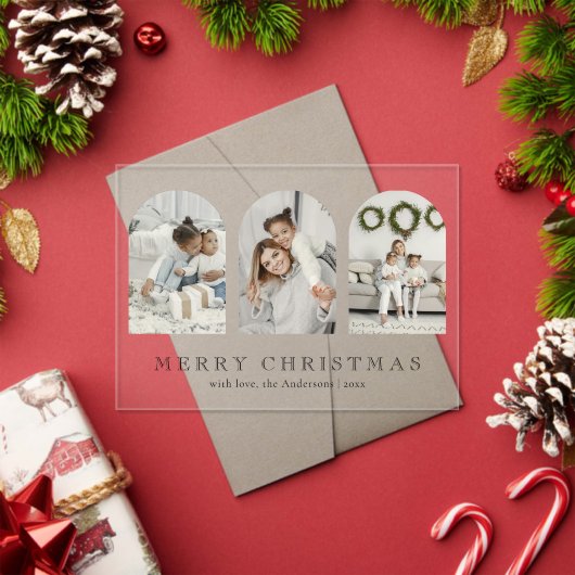 Modern Elegant Arch 3 Photo Collage Christmas Card アクリル招待状 (インサイチュ (クリスマス))