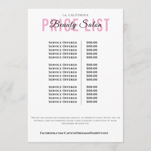 Modern Elegant Beauty Salon Price List メニュー (正面)
