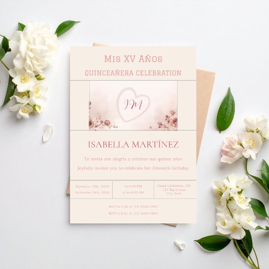 Modern Elegant Bilingual Quinceanera Birthday 招待状