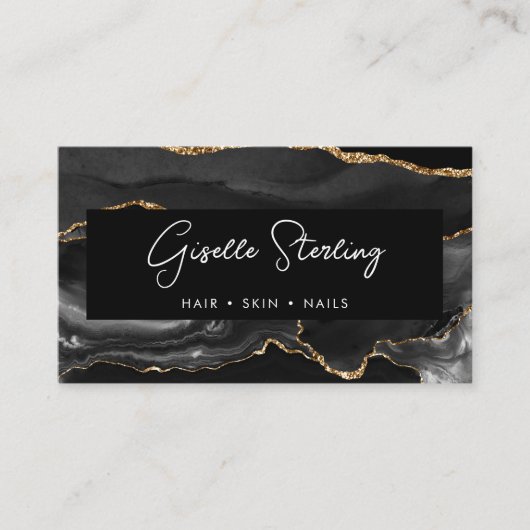 Modern Elegant Black Agate QR Code 名刺 (正面)