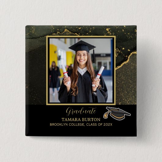 Modern Elegant Black and Gold Graduation photo 缶バッジ (正面)